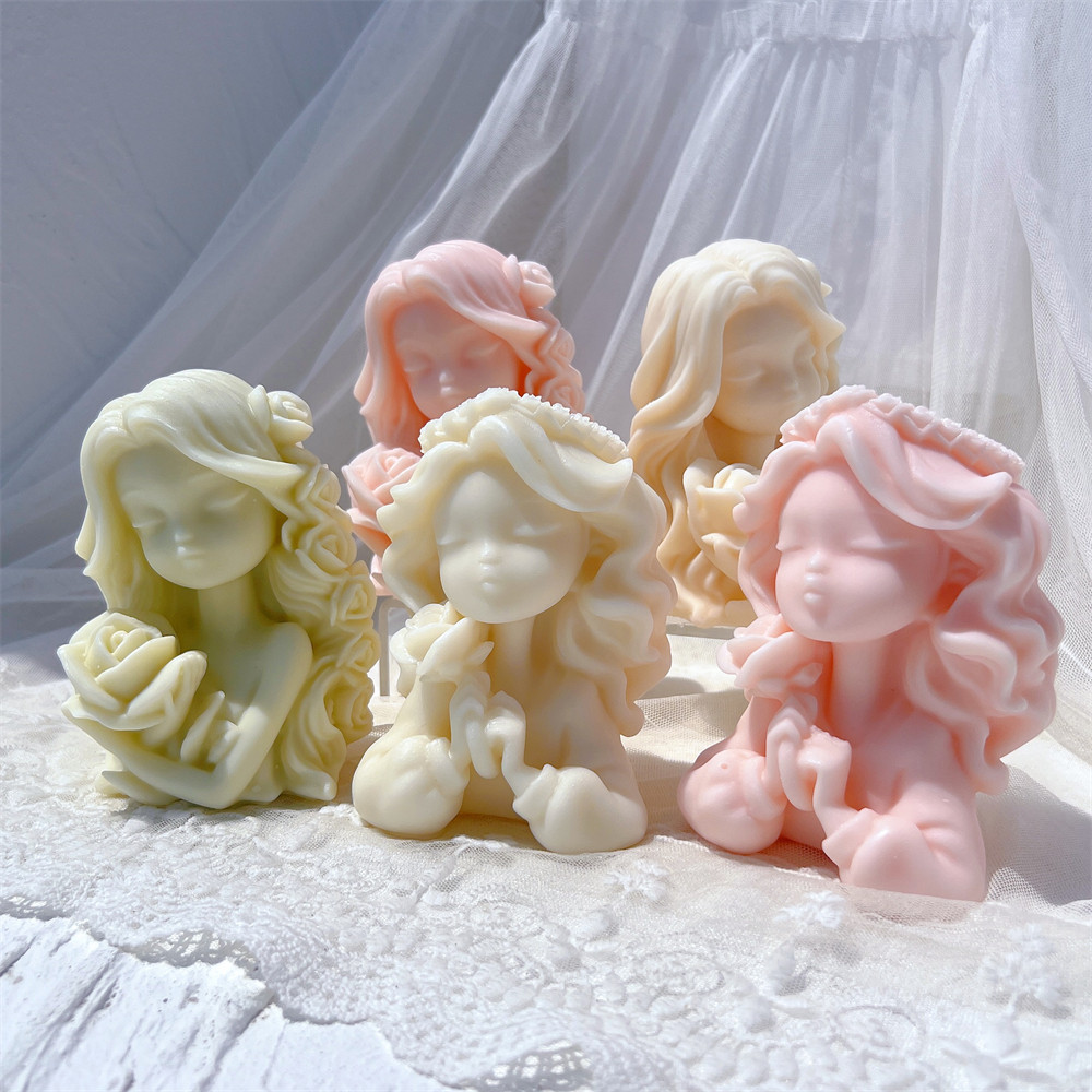 

2 Designs Flower Fairy Figure Sculpture Candle Mold Girl Plaster Sculpture Cement Crafts Silicone Mold Soy Wax Girls Form