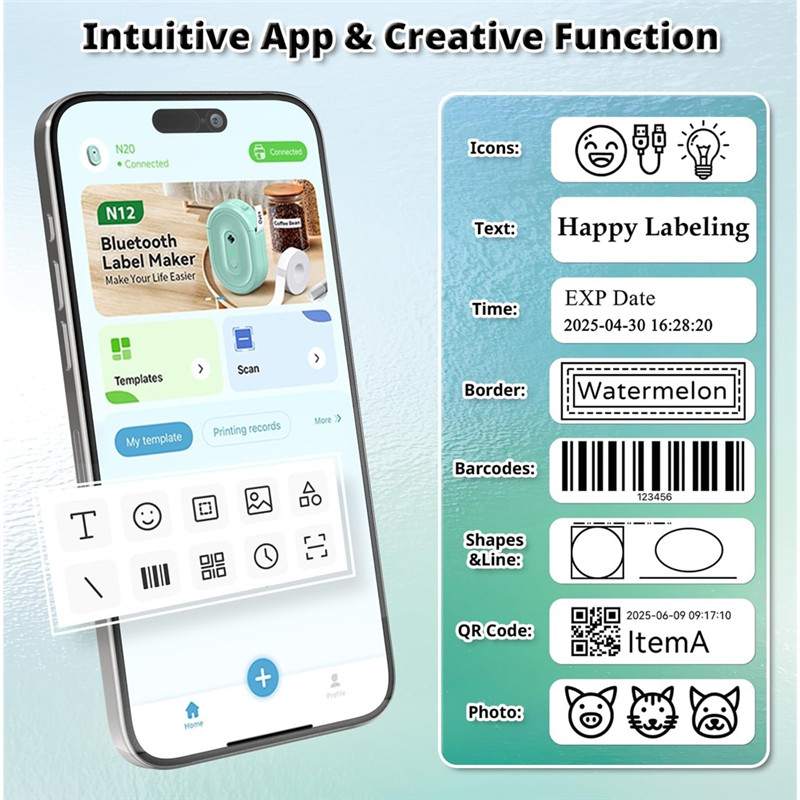 

Bluetooth Enabled Label Maker Machine With Tape, Portable Inkless Mini Printer Multi Template