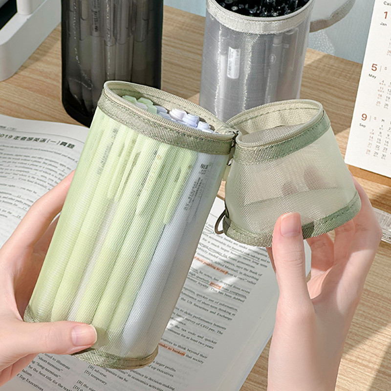 

Minimalist Transparent Mesh Pencil Case Large Capacity Flip-Top Solid Color Pen Holder Portable Stationery Storage Bag