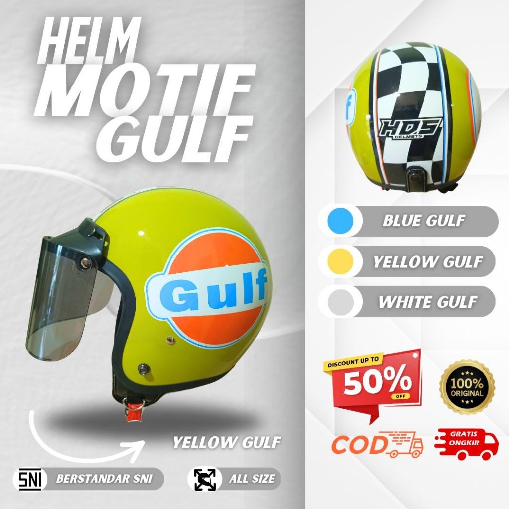 Helm Bogo Dewasa Classic Polos Motif Gulf Yellow HDS Helmet Half Face SNI Pria Wanita Cepol Hijab