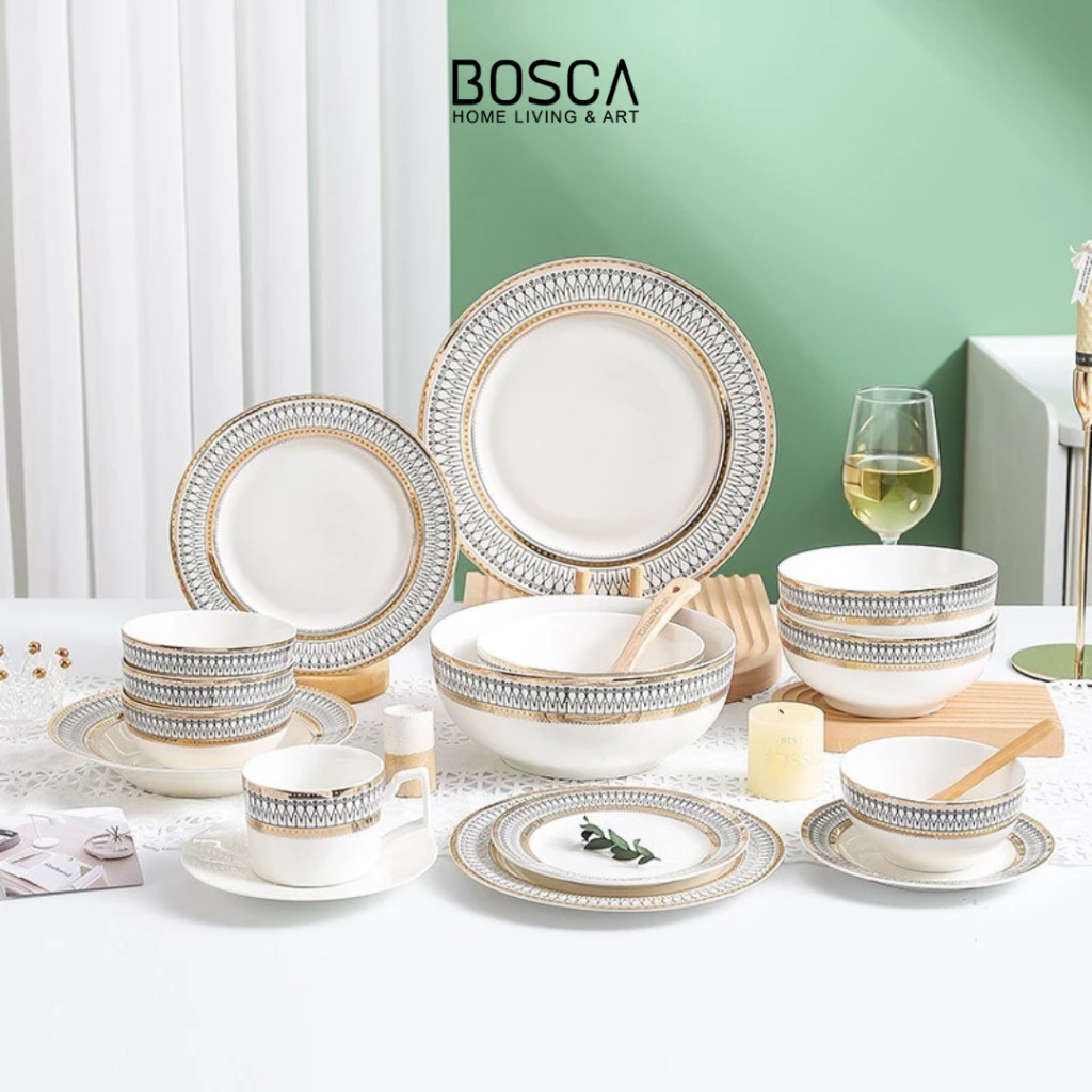 Bosca Living - Royal Aiden British Dinnerware Set / Piring Makan Keramik Corak Eropa List Gold Emas 
