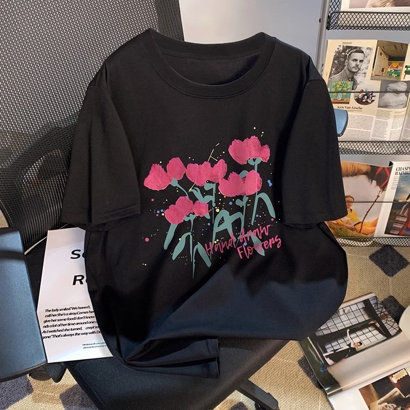 T-Shirt Wanita Hitam Lengan Pendek - Motif Bunga Mawar Abstrak  Katun Premium Sejuk 2025  Desain Gay