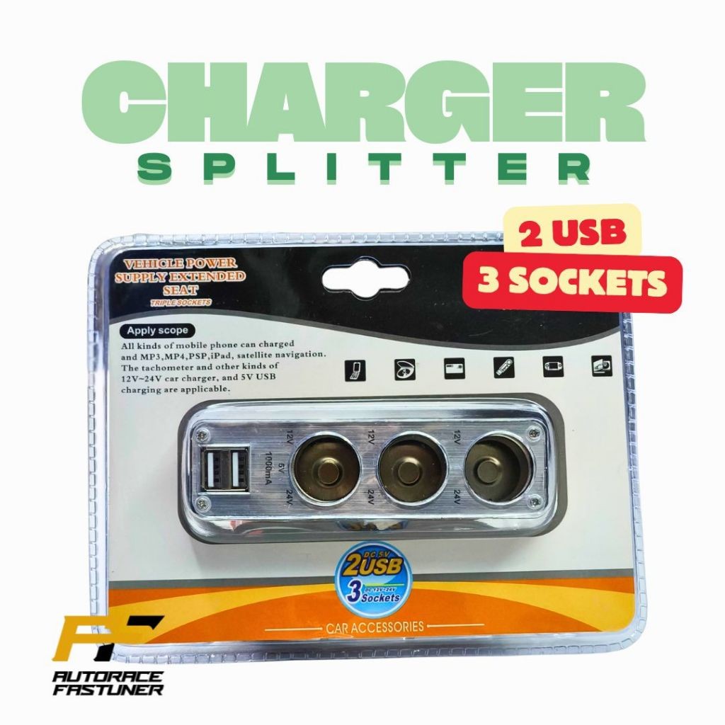 Charger Mobil Colokan USB 3 Soket Lighter Socket Splitter Cigarette Lighter 3 lubang + 2 USB Charger