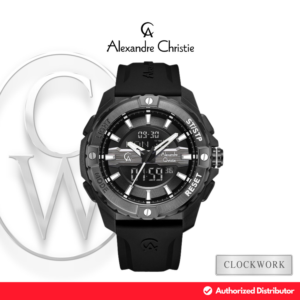 Jam Tangan Pria Alexandre Christie AC 9404 MHREPBA Karet Sporty Digital Analog Hitam