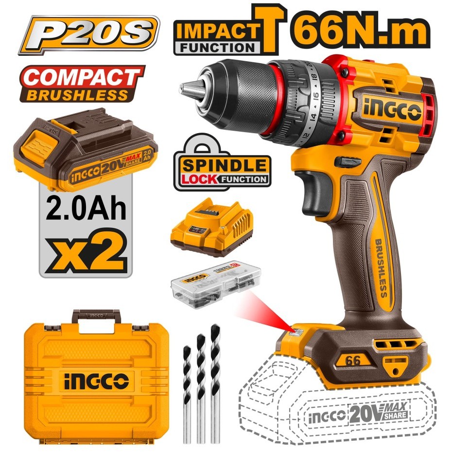 Ingco CIDLI20668 Mesin Bor Beton Baterai 13mm 66Nm Cordless Impact Drill P20S