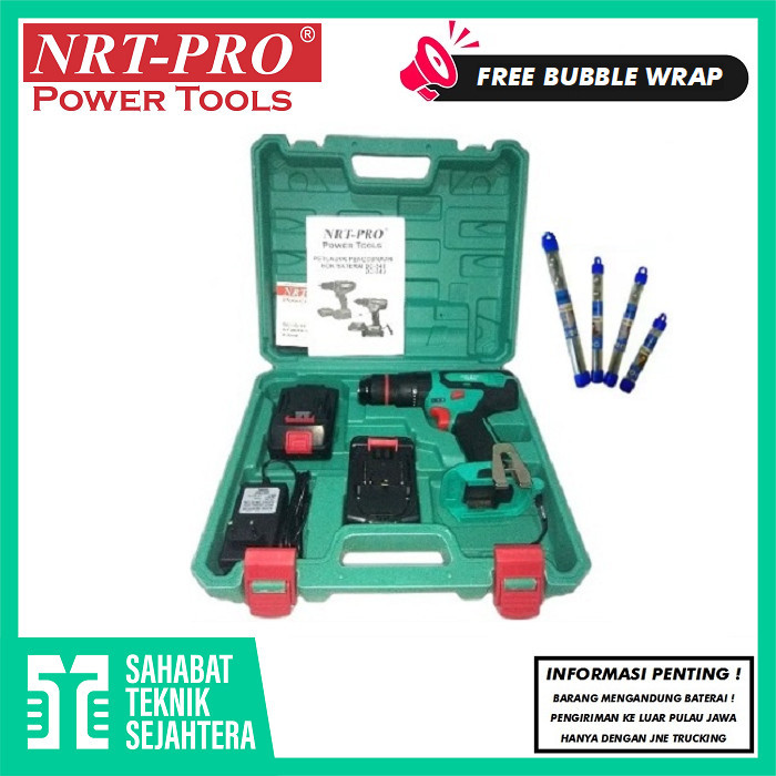 NRT-PRO DC 343 HD Mesin Bor Cordless Drill Set Paket Baterai Batre Tangan Beton Impact Tembok Charge