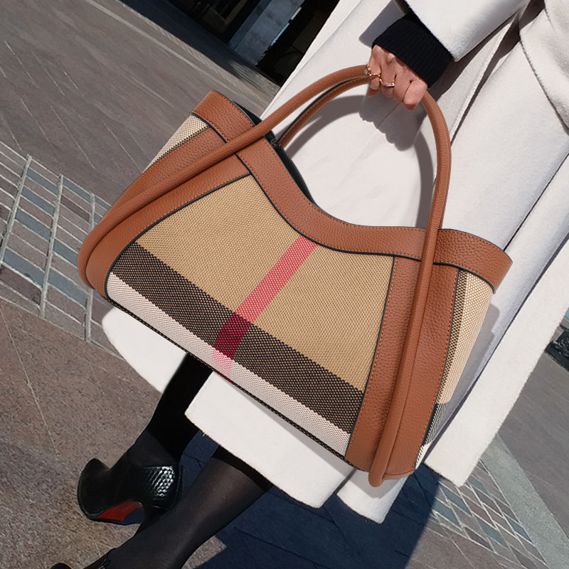 

Aidrani 2024 New Retro Checkered Women's Handbag Fashionable and Advanced Large Capacity Canvas with Cowhide Mother tote bag