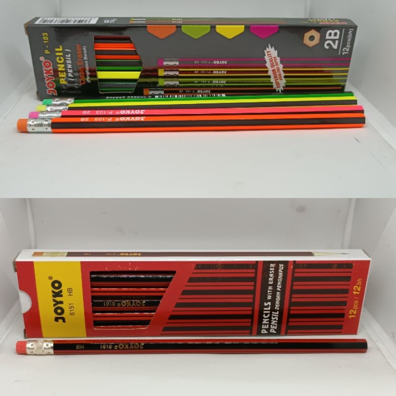 

Pensil Kayu Hitam Hapusan 2B HB Joyko Hexagonal Warna Warni Neon P 6151 P 103 1 pak isi 12 pensil