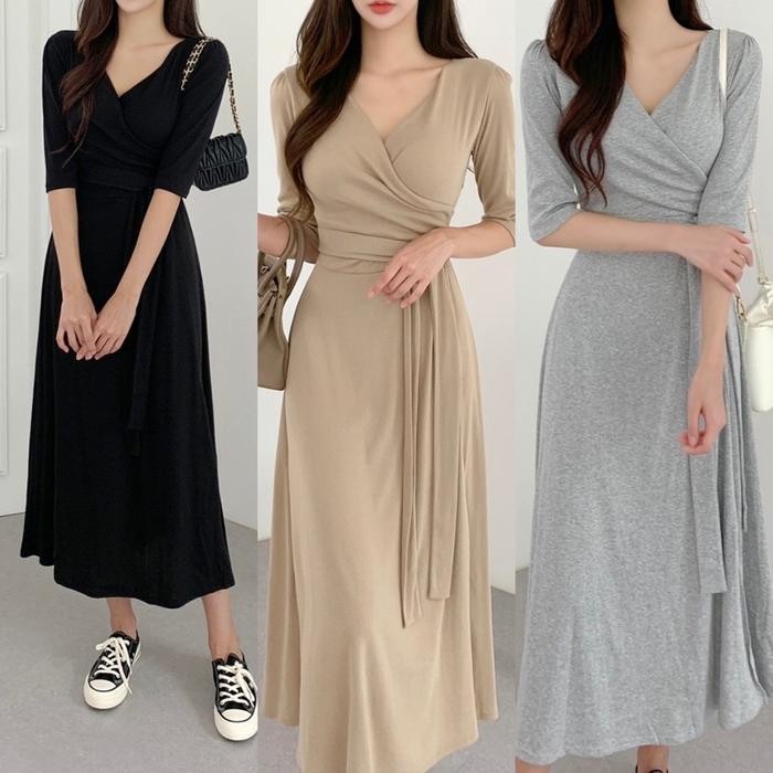 NEW -[ADA SIZE JUMBO] D1083 MEDALI KOREAN STYLE VINTAGE MIDI DRESS POLOS Jalan Polos Santai Hijab Pa