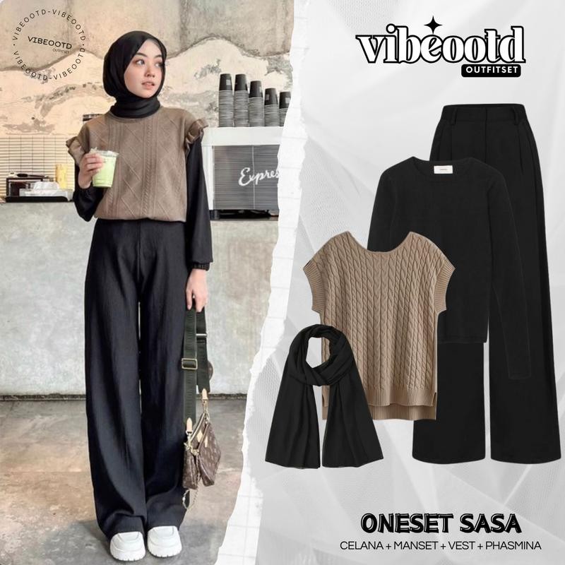 Sasa Outfit Set Wanita Hijab ( Bawahan Celana Kulot Hitam + Atasan Inner Longsleeve + Outer Vest Raj