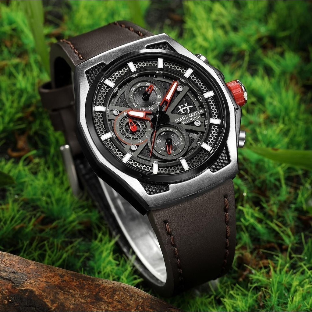 [ DISKON ] Evans Jayden Jam Tangan Pria 9585 Kulit Kaca Sapphire Chronograph Water Resistant 10 ATM