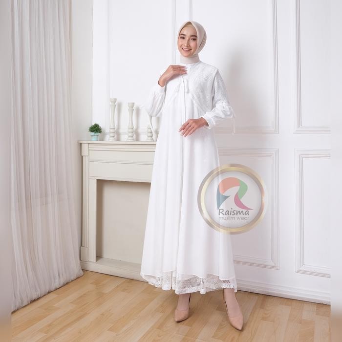 Raisma - Laila Gamis Syar'i Wanita Putih Tulang Lebaran Cantik Dan Elegan Whit Outwear Brokat Ceruti