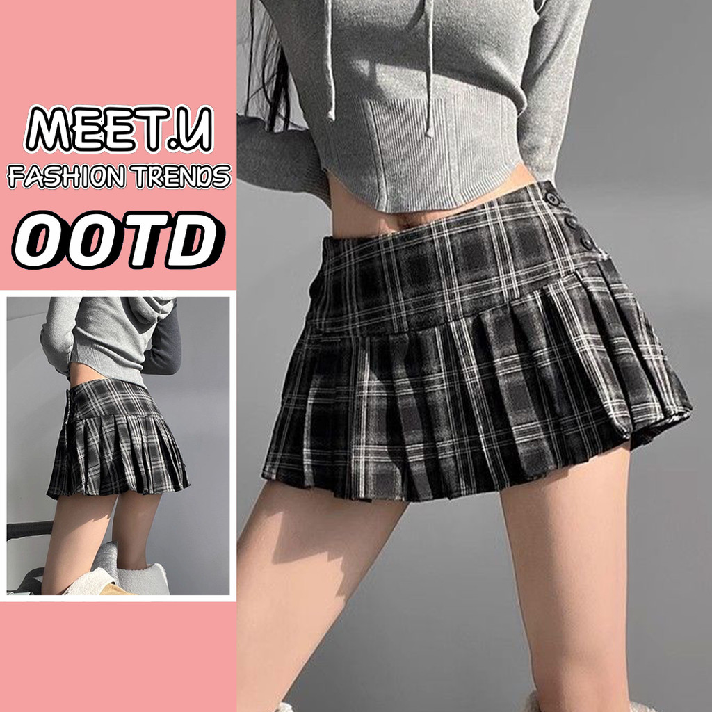 MEET.U Rok Celana Pendek Lipit Rok Mini Kotak-kotak Seksi Gaya Korea Rok Pinggang Relasting