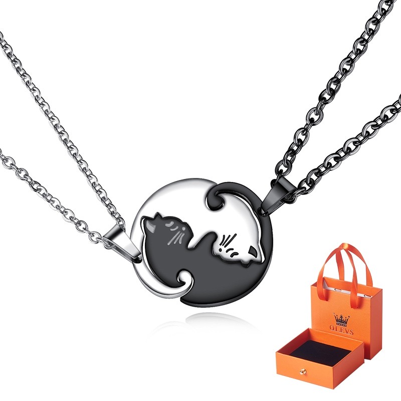 HOT SALE OLEVS Kalung Titanium Hijab Couple Pria Wanita Anti Karat Asli Bentuk Kitten Necklace Liont