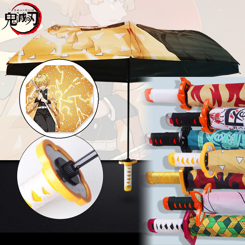 Demon Slayer Katana Umbrella Anime Kimetsu No Yaiba Zenitsu UV Block Black Parasol Japanese Katana S