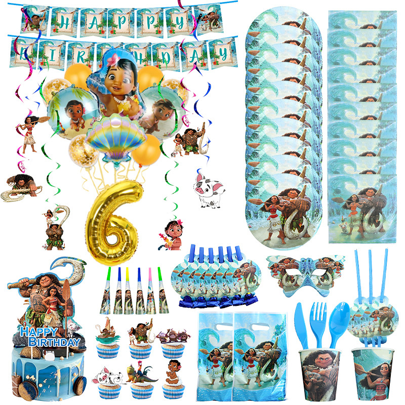 Disney Moana Maui Birthday Decorations Aluminum Film Balloon Tableware Tablecloth Cake Decoration Ba