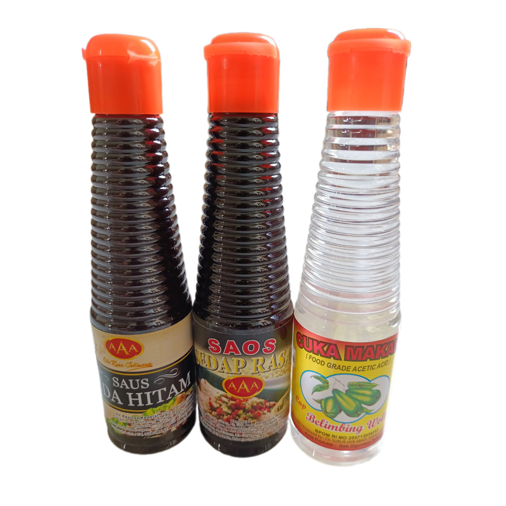 

Paket Ekonomis Isi 3 Botol AAA 140 ml - Saos Lada Hitam, Saos Sedap Rasa, Cuka Makan