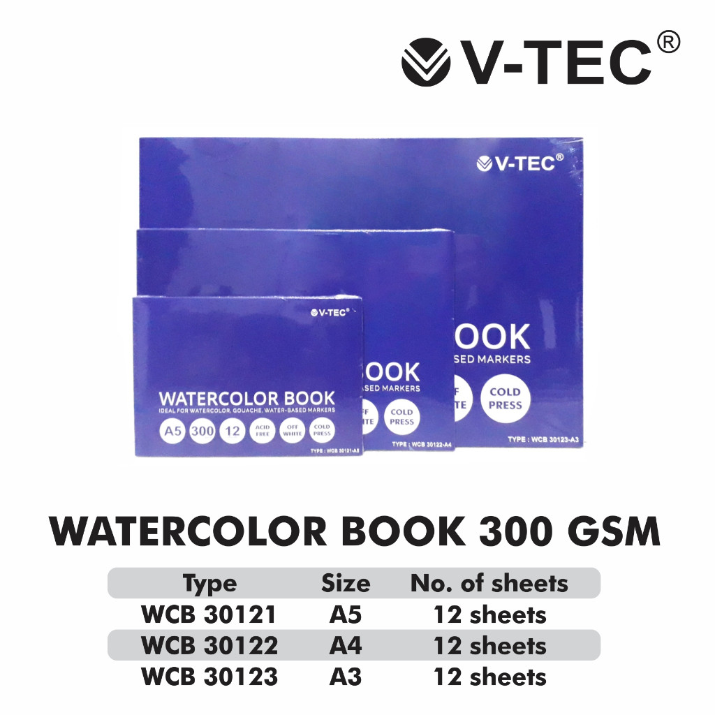 

V-TEC WATER COLOUR BOOK COLD PRESS WCB 30122 12 SHEETS/300GR UK. A4