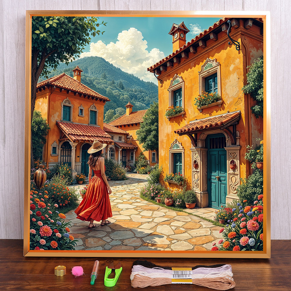 

Resort Town Printed Fabric Cross Stitch Embroidery Set DMC Threads Handiwork Needlework Painting Hobby Stamped Room Decor Gift