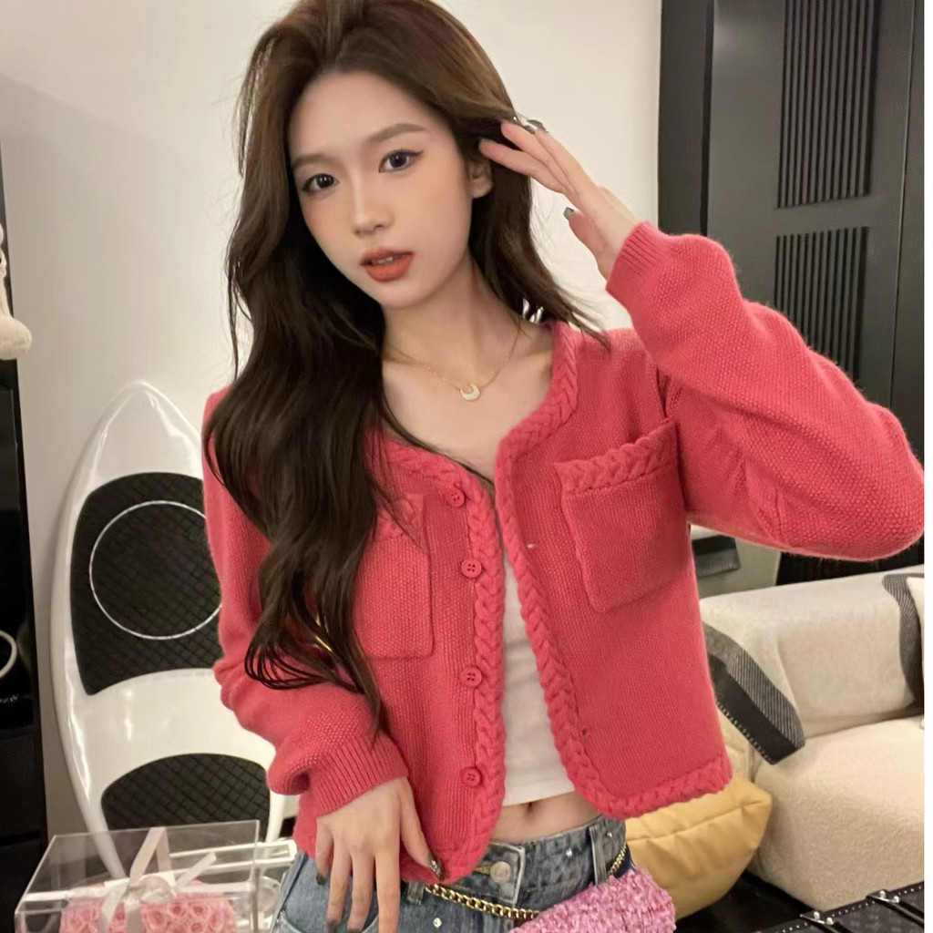 Kardigan Korea Wanita Kardigan Rajutan Pendek Merah Muda Sweater Lengan Panjang Kasual