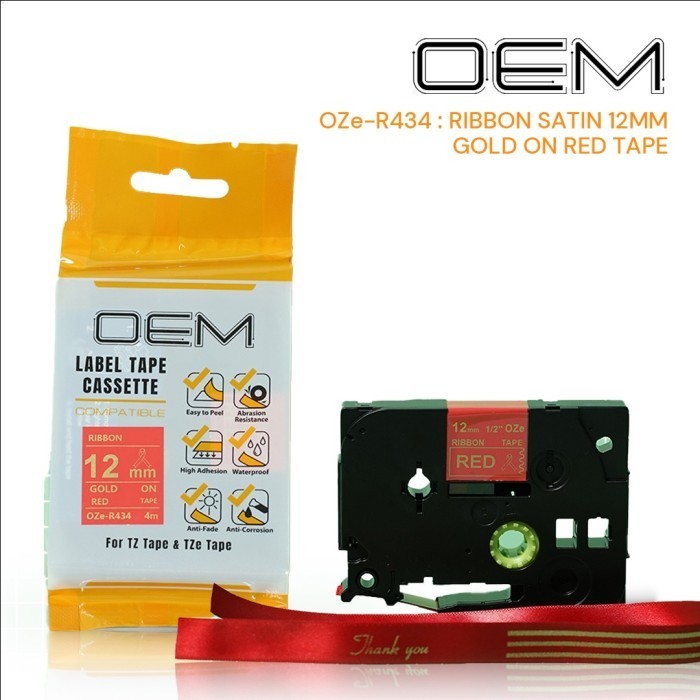 BROTHER LABEL TAPE PITA REFILL BROTHER R434 RIBBON FABRIC 12mm Gold On Red MERAH Ptouch TZE PTOUCH P