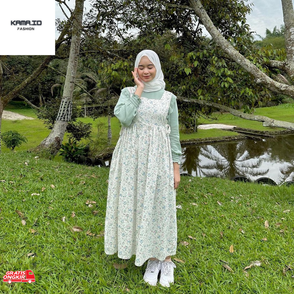 Baju Korea HIMARI MIDI DRESS | DRESS MIDI KOREA | OVERALL KOREAN STYLE | SLOOPY MOTIF BUNGA