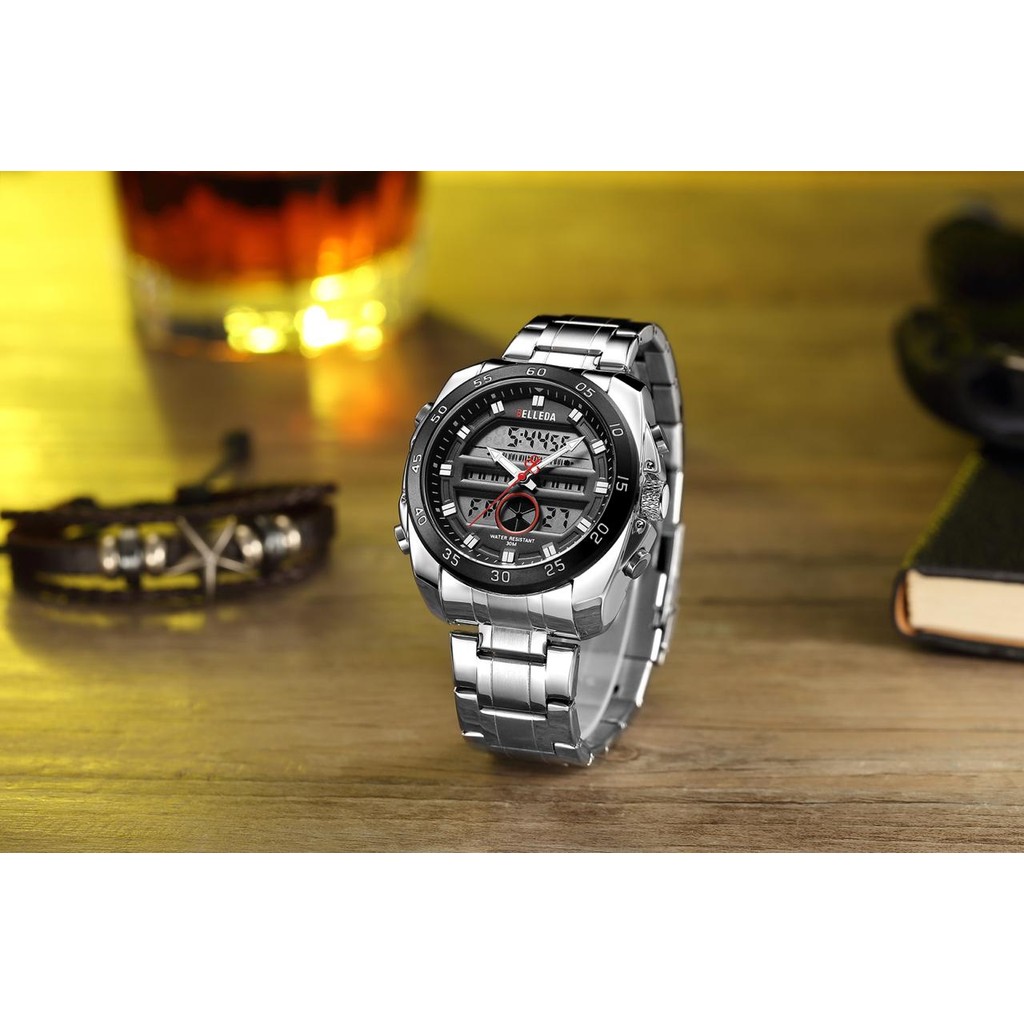 Jam Tangan Pria Sport BELLEDA 9187 Rantai Steanless Stell Dual Time Analog Digital Water Resistance