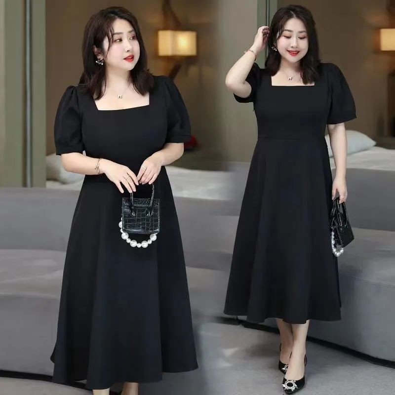 Rok panjang dress jumbo wanita korea kekinian hitam ld 120 140 kerah persegi baru big size dress
