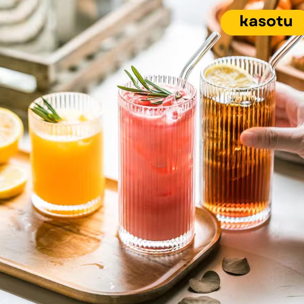 Gelas Keramik Es Ice Kaca Teh Kopi Aesthetic Tahan Panas ala Korean Korea Set Lusinan Motif Garis Ga