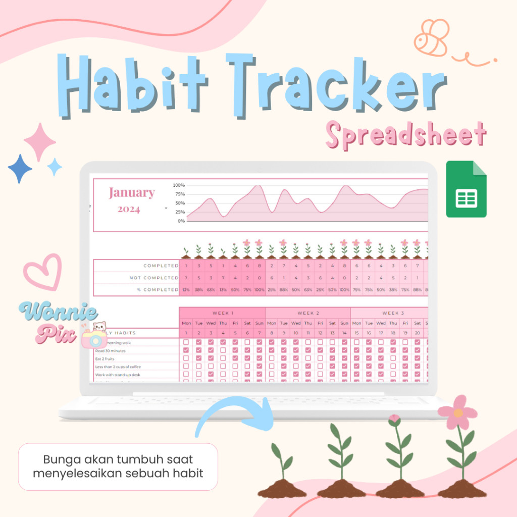 

Brikfid.pro Habit Tracker Spreadsheet - Pink | Daily Weekly Monthly Habit Planner | Goal Planner | Digital Dashboard | Simple Tasks Planner Termurah