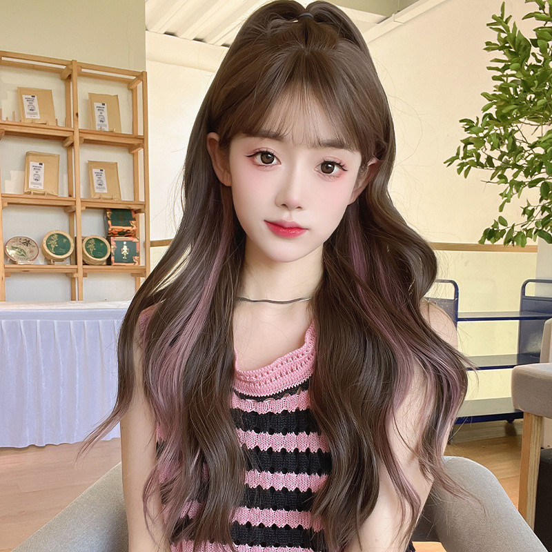 Wig/Wig Panjang Wanita/Wig Alami Berwarna Merah Muda Halus/Rambut Penutup Wig Buatan Poni Udara/Wig 