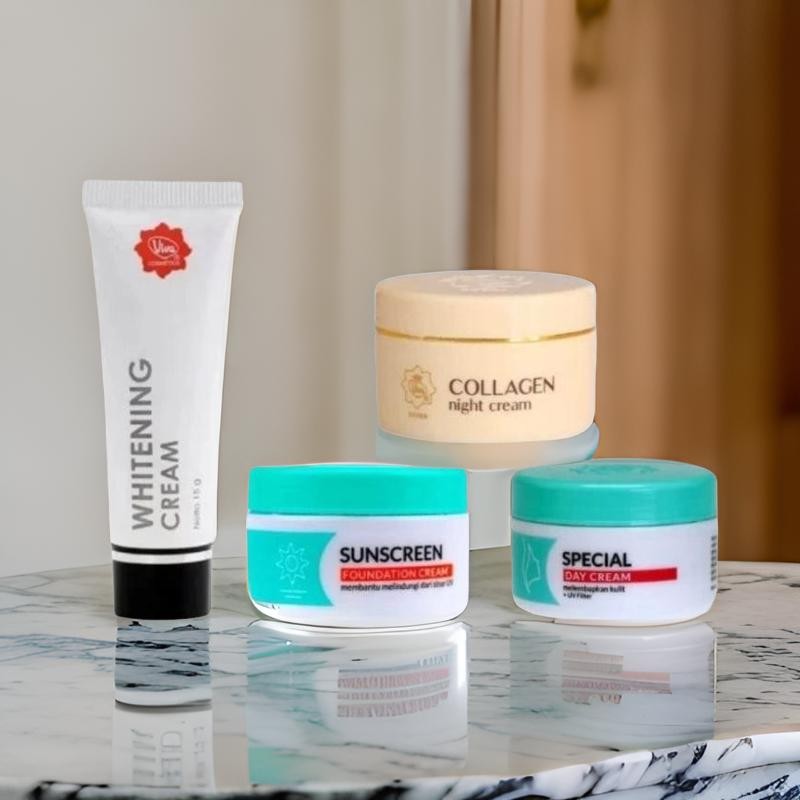 Paket  4in1 Viva BPOM dengan Krim Pencerah, Krim Siang, Krim Malam dan Sunscrean whitening