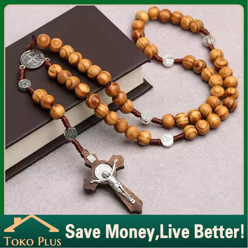 Kalung Rosario Katolik Manik Manik Kayu Liontin Salib Kalung Pria Wanita / Kalung Salib