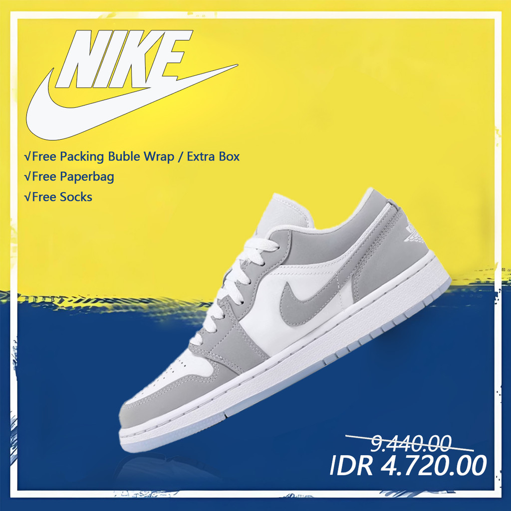 Nike Air Jordan 1 dengan kombinasi warna putih dan abu-abu, model pasangan. Jordan 1 gray white.Pemb