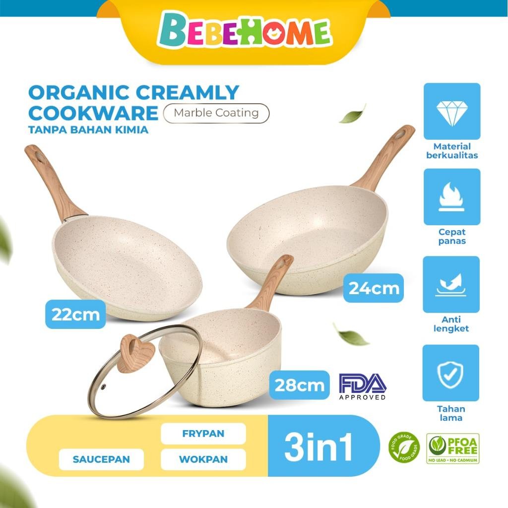Tifale By Bebehome 3in1 Organic Creamly Cookware Marble Coated Anti lengket Handle Bakelite Silicone
