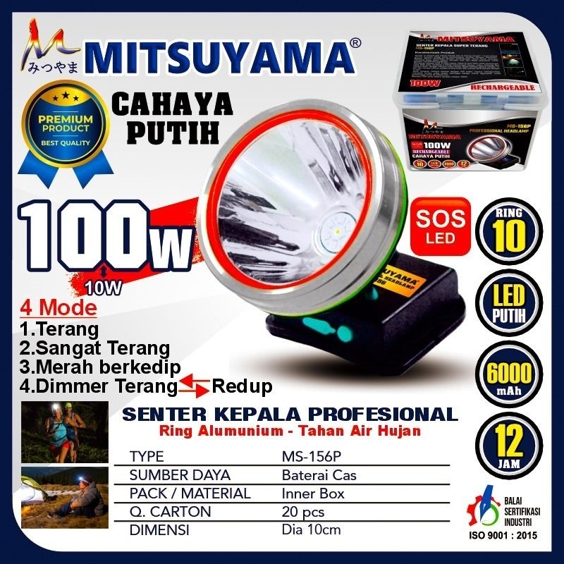 Senter Kepala LED Super Terang 100 Watt Plus LED SOS MITSUYAMA MS-156P Headlamp Outdoor LED 100Watt 