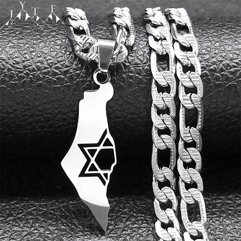 Israel Hexagram Magen Star of David Country Map Pendant Necklace for Men Women Stainless Steel Chain
