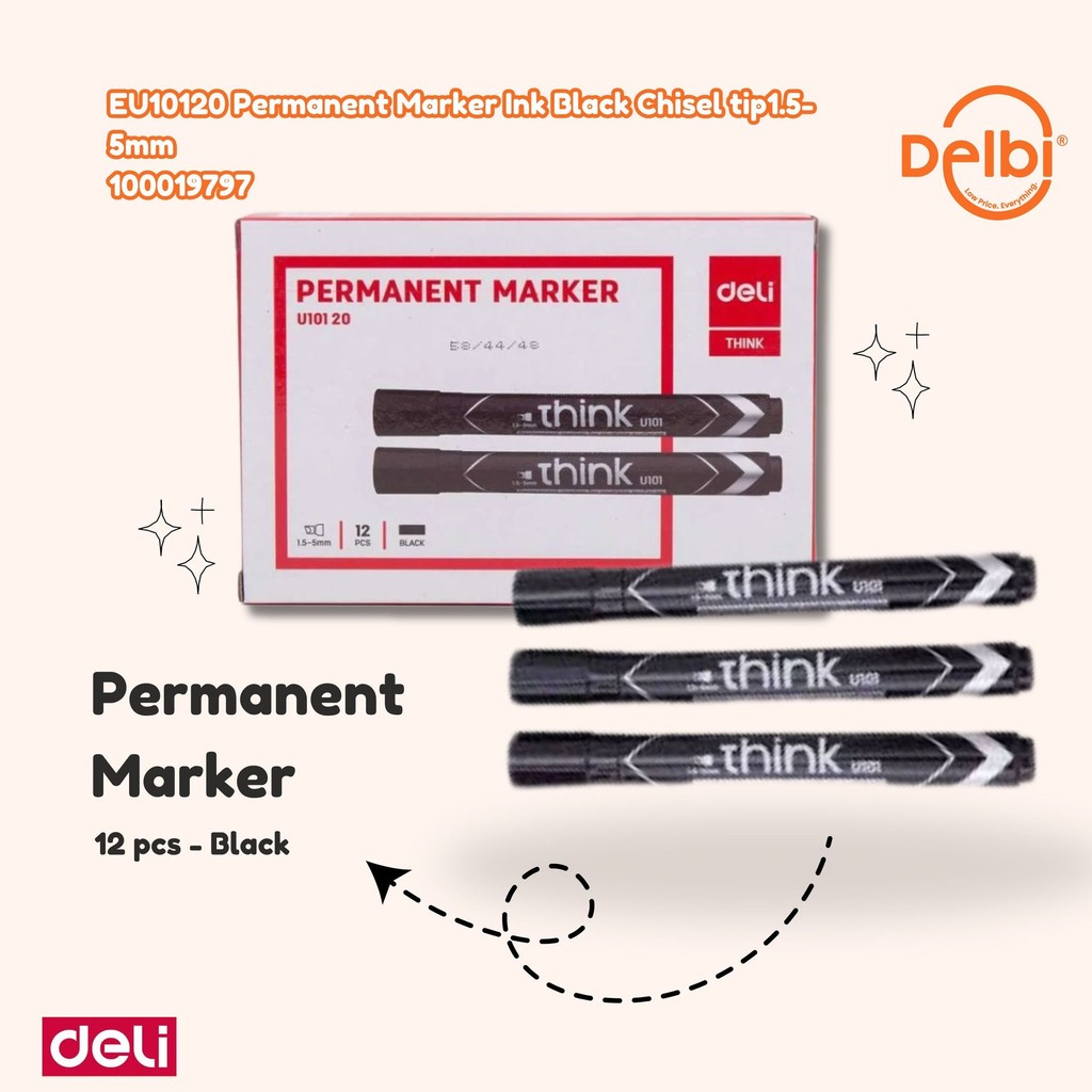 

DELI Spidol Permanen Marker 1.5mm Ujung Miring/ Chisel Tip Cepat Kering, Tahan Air, Tidak Beracun Hitam EU10120 Permanent Marker Ink Black Chisel tip1.5-5mm