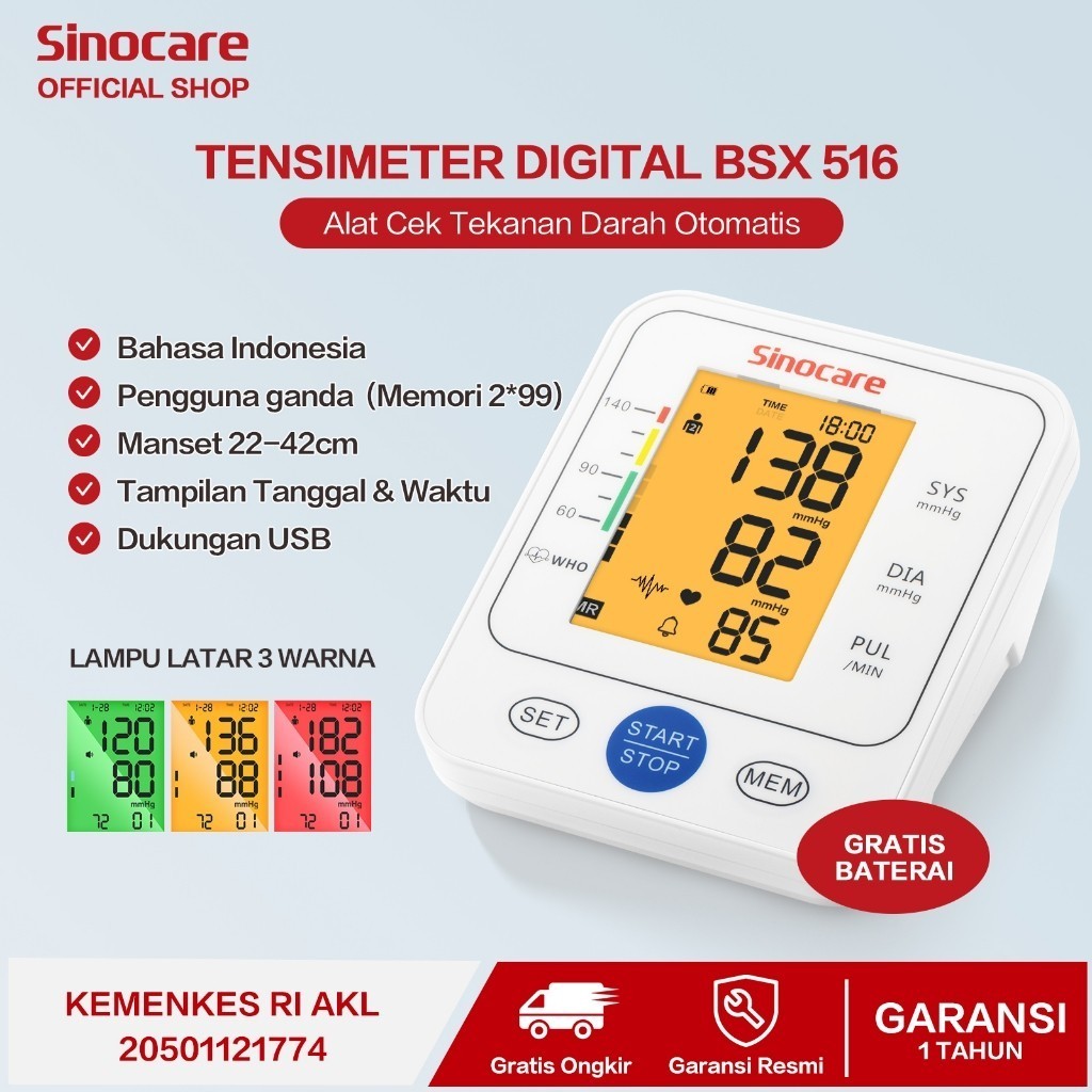 Alat Tensi Darah Digital Otomatis Sinocare BSX516 (Bahasa Indonesia) Tensi Digital Alat Cek Tensi Da