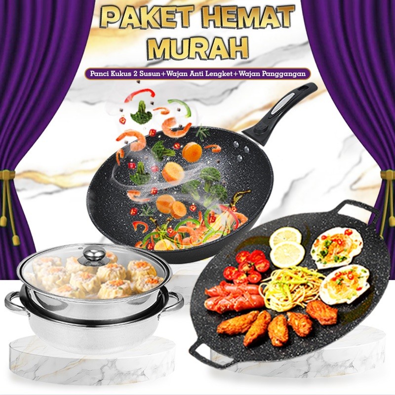 VF56YH (SS) Paket Hemat Murah Wajan Hitam Tebal Diameter 32cm + Wajan panggang 34cm + Panci Soup Kuk