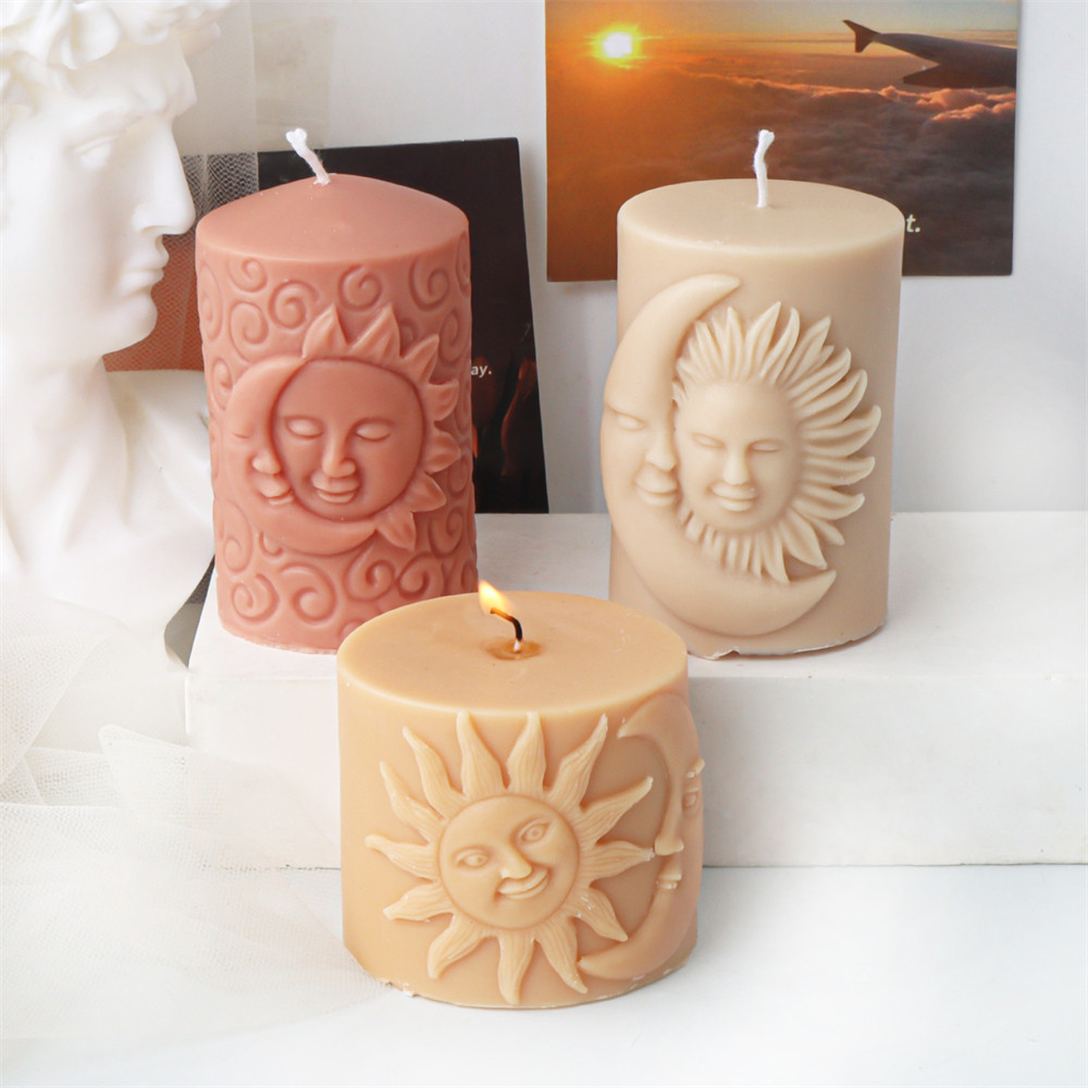 

3D Relief Sun Moon Face Cylinder Candle Silicone Mold Moon Flower Pattern Pillar Epoxy Resin Aroma Plaster Candle Making Tool