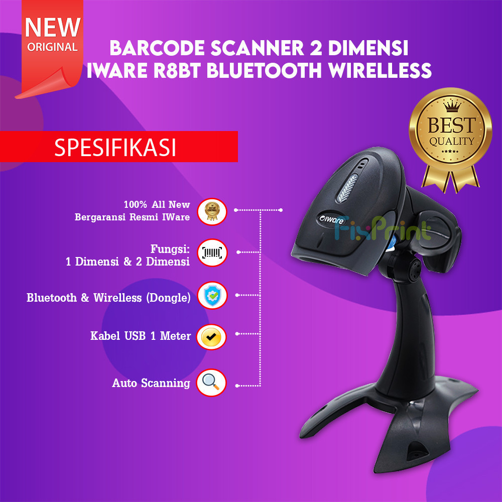 FixPrint IWARE Barcode Scanner Wireless R8BT + With Stand Holder Bluetooth 2D QR Code R-8BT