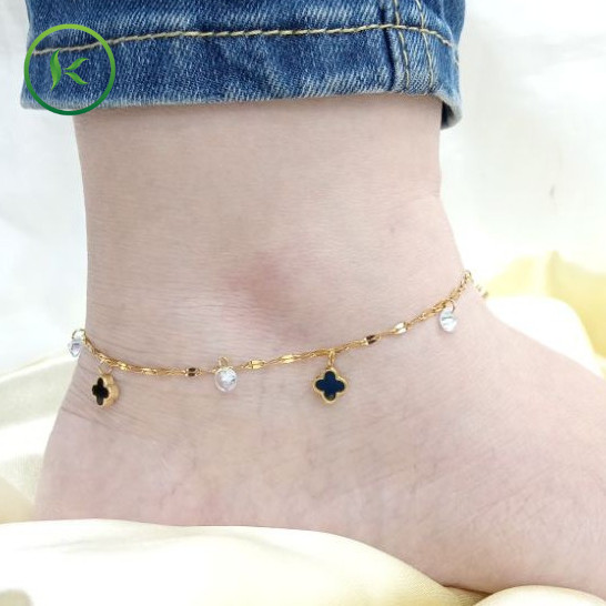 gelang kaki titanium clover kecil mata putih warna