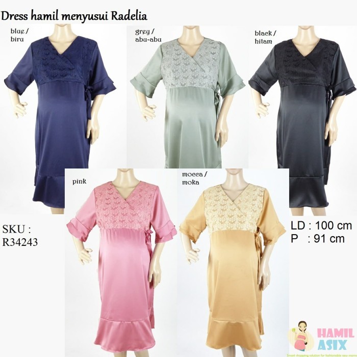 ✨READY✨ -Radelia – Dress hamil menyusui Venice midi pendek 3/4 pesta brokat - Hitam