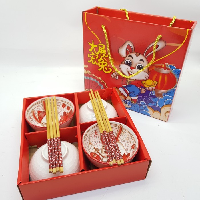 

Best Mangkok hampers keramik imlek shio kelinci tahun 2023 isi 4 isi 6 - Isi 4 & sumpit