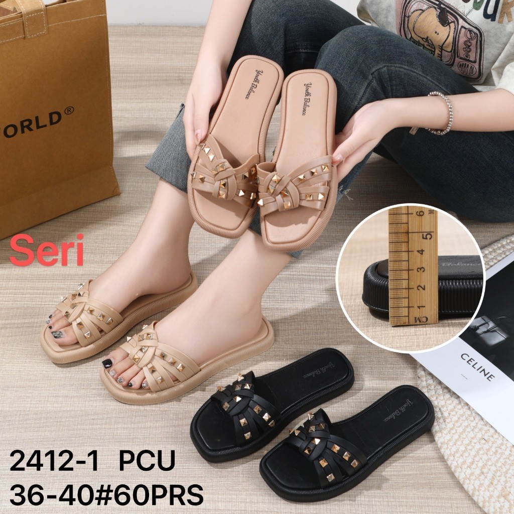 Sandal Pita Studded Wanita / Slip On Sandal Selop Mute Pita Balance 2412-1
