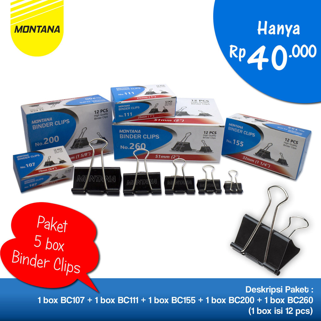 

MONTANA Paket Binder Clip Penjepit Kertas 1 Box MTBC260 + MTBC200 + MTBC155 + MTBC111 + MTBC107