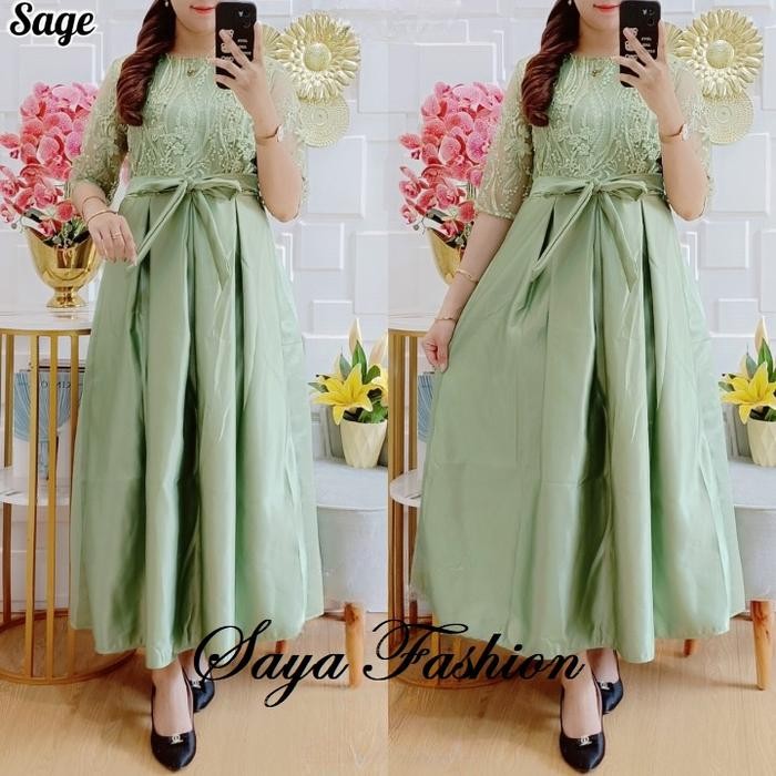 NEW -Longdress Tile Bordir Kombi Satin Bridal Tali Ikat Gaun Pesta Kasul Premium 8785 - Sage, L