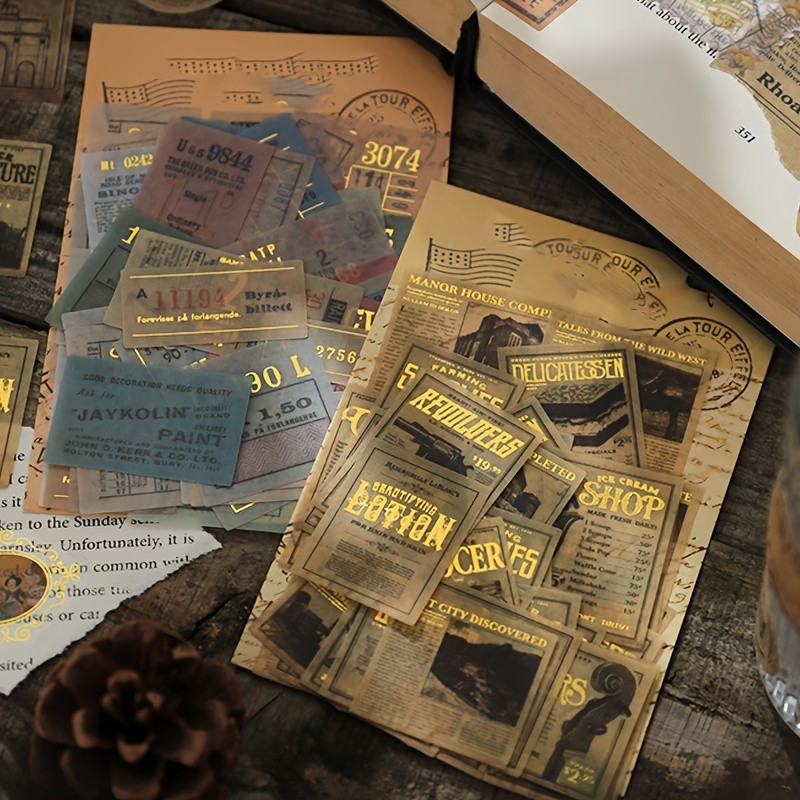 

40 pcs/pack Vintage Scrapbooking Washi Sticker Small Size Gilding Traval Ticket Label Design Ephemera Pack for Junk Journaling