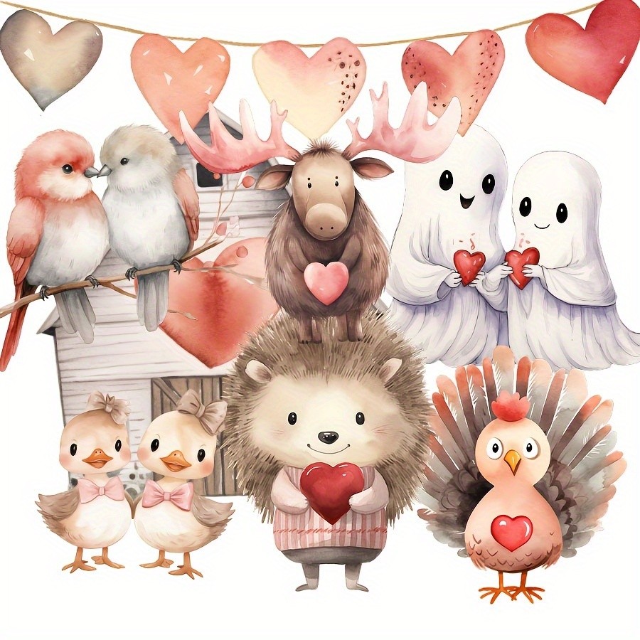 

90-99pcs Stickers with Valentine Woodland Bunny,Cat,Dog Animal Spooky Lover Patterns,for Holiday Flag DIY,Junk Journal,Album